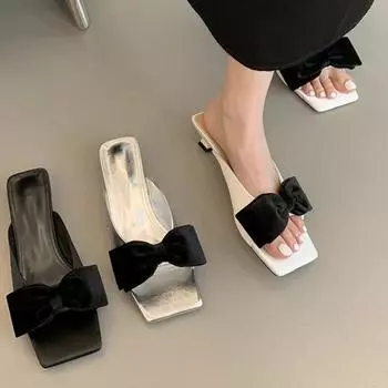 Сандалии на толстом низком каблуке, женские летние туфли, новые квадратные носки с бантом, повседневные туфли без застежек для офиса, женские сандалии 35 чёрный