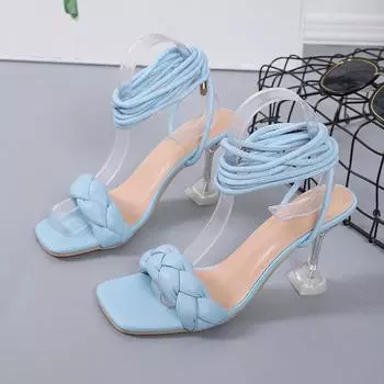 Сандалии на высоком каблуке 2024 года, летние новые европейские и американские большие размеры 35-43, сексуальные красивые повседневные сандалии с ремешком на каблуке со стразами 35 белый