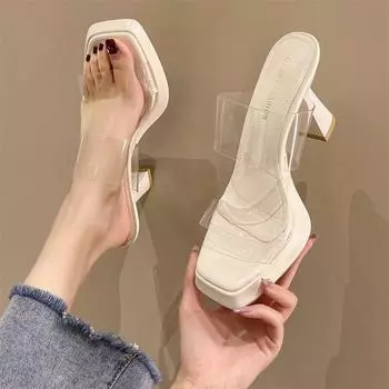 Сандалии на высоком каблуке для женщин, повседневная обувь для женщин, прозрачные летние сандалии на платформе без шнуровки, большие размеры 35 бежевый