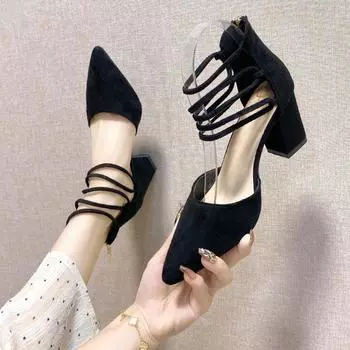 Сандалии на высоком каблуке, летние корейские красные замшевые с острым носком, сексуальные, с прямым ремешком, на толстом каблуке, профессиональные сандалии для ночного клуба 35 чёрный