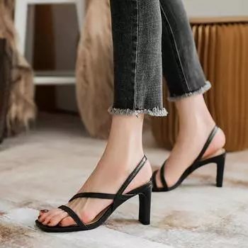 Сандалии на высоком каблуке, однотонные, повседневные, летние, 2024, женская обувь, слипоны, квадратный каблук, модные женские сандалии, модные, однотонные, сандалии 35 чёрный