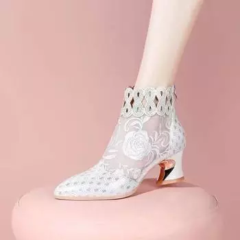Сандалии на высоком каблуке с цветочной вышивкой, женская обувь, крутые женские ботинки из сетки на толстом каблуке 35