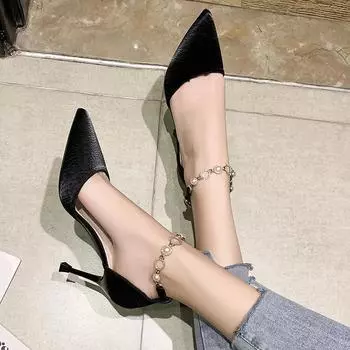 Сандалии на высоком каблуке с французским острым носком и металлическими заклепками, толстые, с микрофиброй, однотонные женские туфли, новинка, весна-лето 35
