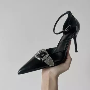 Сандалии на высоком каблуке с металлической пряжкой в стиле панк-гота, женские летние серебряные вечерние туфли с острым носком, женские босоножки на тонком каблуке в корейском стиле 35 чёрный