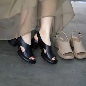 Сандалии на высоком каблуке с открытым носком, женские винтажные удобные туфли ручной работы из натуральной кожи на толстом каблуке 35 чёрный