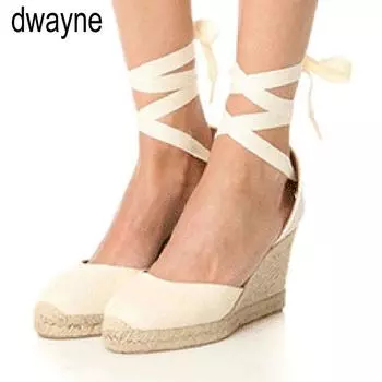 Сандалии на высоком каблуке с перекрестной эластичной танкеткой для женщин, обувь для рыбалки из пеньковой веревки, женские сандалии на платформе и танкетке YUJ8 35 бежевый