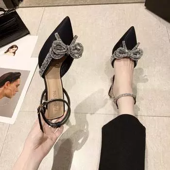 Сандалии на высоком каблуке, женские, с тонким острым каблуком, летние, Baotou, повседневные, с каблуком-бокалом, с одним словом, с пряжкой, ремешком, женские, дизайнерские, роскошные, женская обувь 34 чёрный