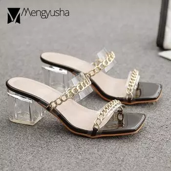 Сандалии на высоком прозрачном каблуке, женские прозрачные тапочки, туфли с металлическими цепями, женские шлепанцы с двумя ремешками, женские босоножки с золотыми/серебряными цепями 5 чёрный