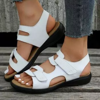 Сандалии, новинка 2024 года, летние сандалии на танкетке, обувь на платформе с волшебными пуговицами, повседневная однотонная пляжная обувь большого размера, большой размер 35 белый