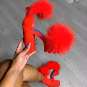 Сандалии нового стиля для женщин Европы и Америки на толстом каблуке с одной линией меха большого размера с пряжкой на высоком каблуке модные сандалии 35 красный