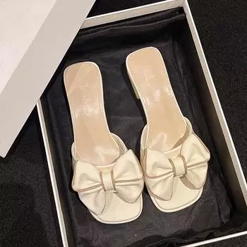 Сандалии Новогодний Женский Модный Тренд Средний Каблук Толстый Каблук Полушлепки Бант Шлепки для Улицы Квадратный Носок 34 бежевый