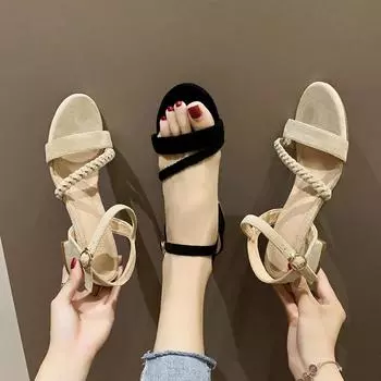 Сандалии новые женские летние феи стиль толстый каблук сетчатые красные с одним словом пряжка римские туфли на каблуке с юбкой 35 бежевый