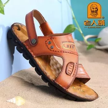 Сандалии Old man head, мужские, лето 2025, новые, первый слой, повседневная пляжная обувь из коровьей кожи, натуральная кожа, толстая подошва, нескользящие, классные тапочки 38 коричневый