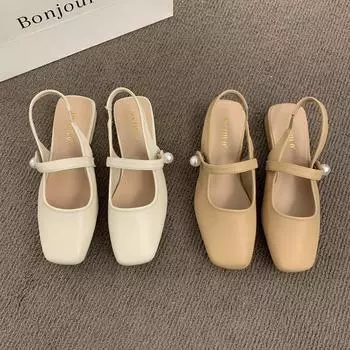 Сандалии Pearl Baotou, женская летняя уличная одежда, знаменитый темперамент, низкий каблук, толстый каблук, туфли Мэри Джейн 35 хаки