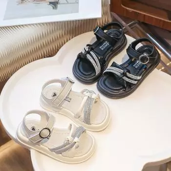 Сандалии принцессы для девочек, детские сандалии со стразами, мягкая подошва, модная детская летняя пляжная обувь, универсальные нескользящие размеры 26-36 26 чёрный