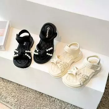 Сандалии принцессы для девочек, детские туфли с жемчугом и крестиком, мягкая подошва, модная детская летняя пляжная обувь, мягкая подошва, нескользящая, 2024 г., новинка 26 чёрный