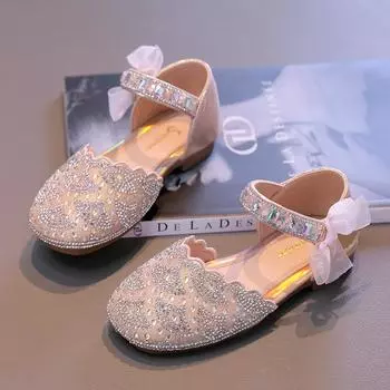 Сандалии принцессы для девочек, новинка 2024 года, летние новые розовые туфли с бантом и блестками, модные мягкие нескользящие детские сандалии 24 розовый