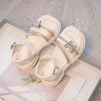 Сандалии принцессы для девочек с бабочкой-узлом, детские сандалии со стразами, летняя модная детская обувь для выступлений, нескользящая 2024 26 бежевый