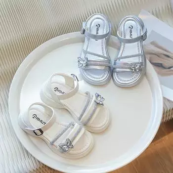 Сандалии принцессы для девочек с бабочкой-узлом, модные детские сандалии со стразами, детская летняя пляжная обувь, все в одном, 2024, новинка 23 бежевый