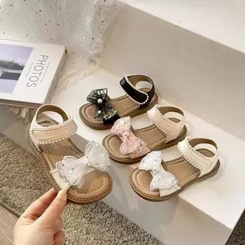 Сандалии принцессы для девочек с бантом Детские кожаные сандалии для вечеринки, свадьбы, модные детские милые туфли принцессы Мэри Джейн 23 чёрный