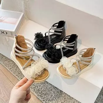Сандалии принцессы для девочек с цветами Детские гладиаторские сандалии с высоким берцем на мягкой подошве Детские римские туфли со стразами 2024 года, лето, новинка 26 чёрный