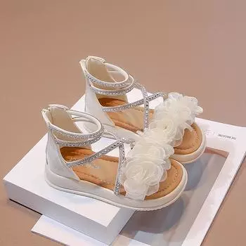 Сандалии принцессы для девочек с цветами, летняя мода, детская обувь со стразами, мягкая подошва, гладиаторские сандалии для больших детей 26 чёрный