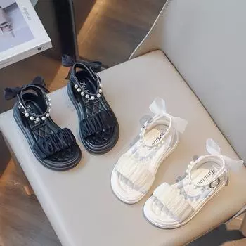 Сандалии принцессы для девочек с жемчугом, детская летняя пляжная обувь, мягкая подошва, модные детские сандалии-гладиаторы с бантом, размер 26-37 26 чёрный