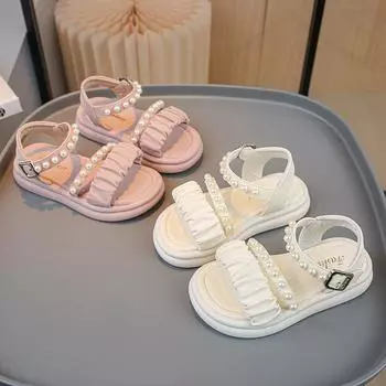 Сандалии принцессы для девочек с жемчугом, детская летняя пляжная обувь, модные детские кожаные сандалии для вечеринки, свадьбы, милые размеры 26-36 26 розовый