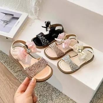 Сандалии принцессы с блестками для девочек, простые детские летние пляжные модные детские блестящие кожаные сандалии с бантом 2024 года, новинка 23 чёрный