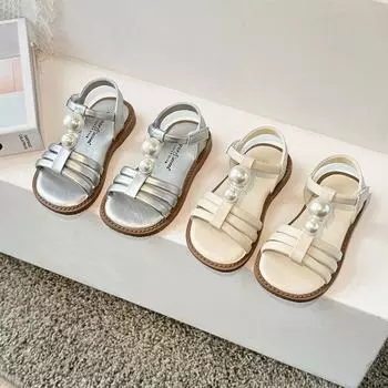 Сандалии принцессы с плетением для девочек, детская летняя пляжная обувь с Т-образным ремешком, универсальная обувь 2024 года, новинка 23 серебряный