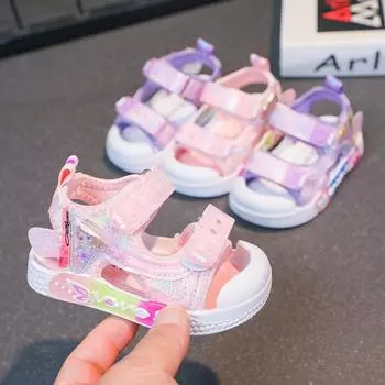 Сандалии принцессы с подсветкой, модные светящиеся повседневные спортивные сандалии для девочек, трендовая пляжная обувь на мягкой подошве для тенниса 18 розовый
