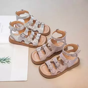 Сандалии принцессы со стразами для девочек, детские сандалии-гладиаторы с блестками, модная детская летняя пляжная обувь с защитой от скольжения 26 серебряный