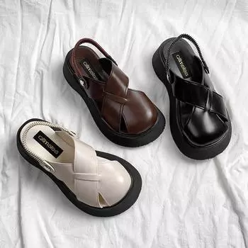 Сандалии Retro Muffin Roman на толстой подошве, женские летние модные сандалии с плетеной пряжкой и съемными деталями 40 чёрный