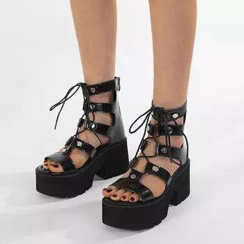 Сандалии римские женские с круглым носком, с перекрестными ремешками, водонепроницаемые, сандалии на каблуке-столе, молния сзади, лакированная кожа 35 чёрный