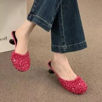 Сандалии розовые кристаллы летняя сексуальная обувь для женщин 2024 г. шлепанцы из горного хрусталя мюли женские тапочки драгоценности высокий каблук до 5 см нормальный F 35