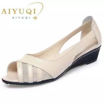 Сандалии «рыбий рот», женские сандалии на танкетке с вырезами для мам, нескользящие летние сандалии большого размера для женщин среднего возраста 35 бежевый