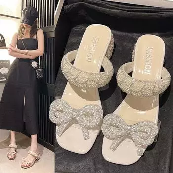 Сандалии с бантом и белым жемчугом и стразами, женская летняя обувь, модные прозрачные женские тапочки из ПВХ с квадратным носком на массивном каблуке 34