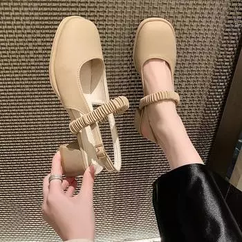 Сандалии с бантом на голове с однотонной модной женской сандалией Fairy Wind 2024, новая линия с квадратной головкой, туфли Мэри Джейн 35 бежевый