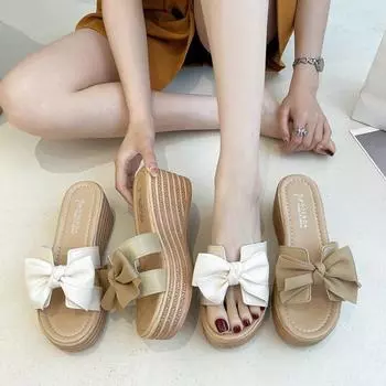 Сандалии с бантом на наклонном каблуке, женская летняя повседневная женская обувь на толстой подошве, пляжная обувь Fairy 35 хаки