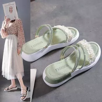 Сандалии с бриллиантами, женские летние римские сандалии с жемчугом 35 бежевый