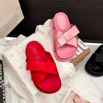 Сандалии с французским бантом на толстой подошве, ленивые тапочки, женская одежда, весна и лето, новые кросс-кэжуал, мягкие однотонные тапочки 35 чёрный