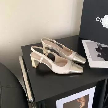 Сандалии с французской сумкой на голове женские классические сращивающиеся маленькие ароматные туфли на толстом каблуке пустые одинарные 35 абрикосовый