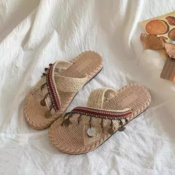 Сандалии с кисточками, женская летняя одежда 2024 года, модные плетеные тапочки в этническом стиле, пляжная обувь для отдыха на море, мягкая плоская подошва 35