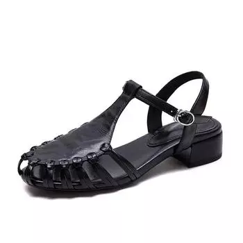 Сандалии с круглым носком и открытой спиной для женщин, летняя кожаная обувь на толстом каблуке с полиуретановой стелькой 35 чёрный