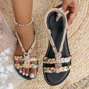 Сандалии с круглым носком и плоской подошвой, с плетеными ремешками, повседневные пляжные сандалии на мягкой подошве 36 чёрный