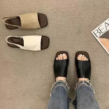 Сандалии с квадратной головкой, женская летняя одежда, мягкая плоская подошва, ретро-мода, универсальная корейская версия, крутые тапочки 35 хаки