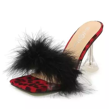 Сандалии с квадратным носком и леопардовым принтом Прозрачные тапочки с кристаллами 35 чёрный