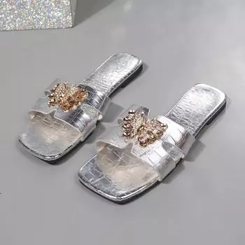 Сандалии с квадратным носком на французском стиле, плоские каблуки, новые летние тапочки с ремешками, удобная плоская подошва с пряжками из стразов 36 серебряный