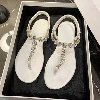 Сандалии с носками Foreign Trade женские летние 2025 новые повседневные пляжные сандалии с плоской подошвой и эластичной резинкой со стразами для женщин 36