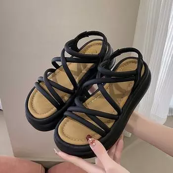 Сандалии с открытым носком и эластичной резинкой для женщин, летние новые римские сандалии на толстой подошве для женщин 2024 года 35 бежевый